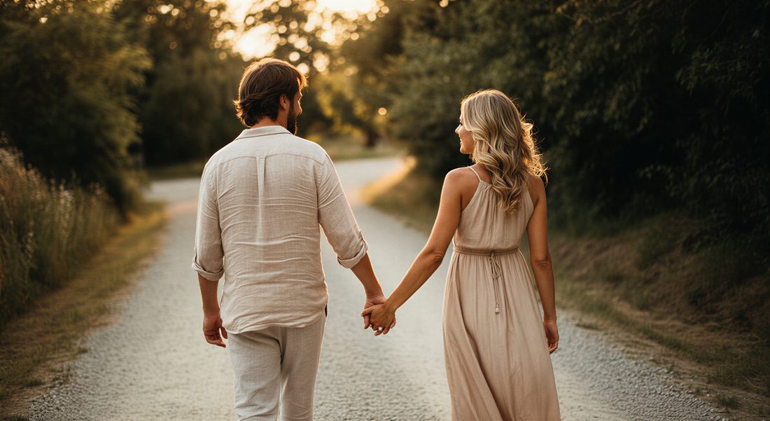 A couple walking together, hand in hand